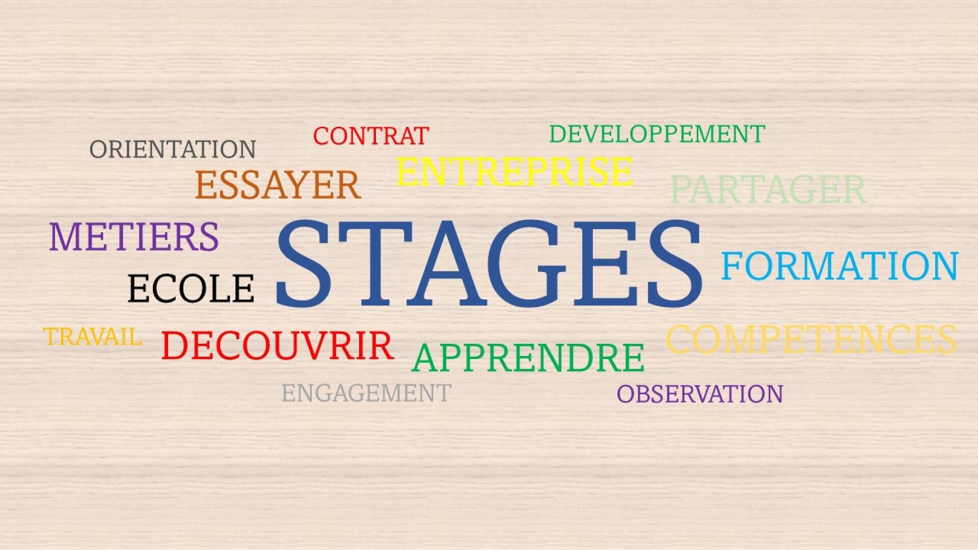 Un nuage de mots en français contenant des termes liés aux stages, tels que STAGES, ENTREPRISE, APPRENDRE, DECOUVRIR, FORMATION et COMPETENCES, dans différentes couleurs sur un fond en bois clair.