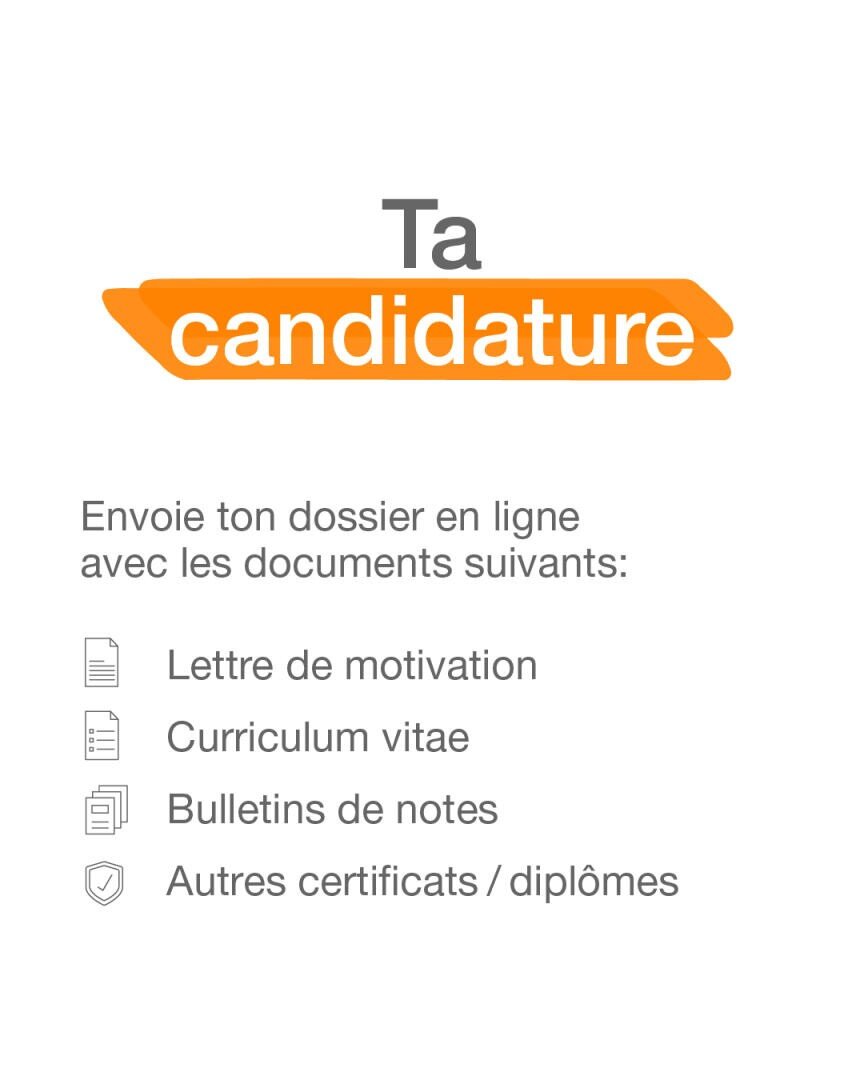 Graphique en français listant les documents requis pour une candidature en ligne : lettre de motivation, CV, relevés de notes et autres certificats/diplômes. La candidature Ta est surlignée en orange dans la partie supérieure. Des icônes accompagnent chaque type de document.