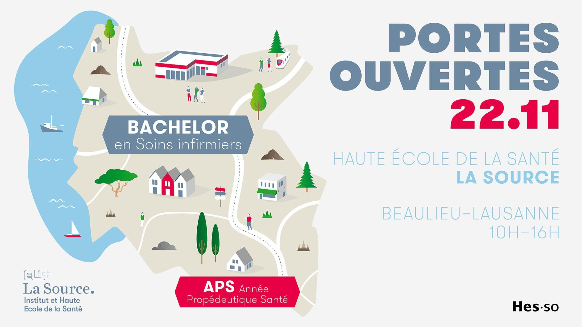 Carte illustrant la promotion d'une journée portes ouvertes à l'école de santé La Source, à Lausanne, le 22 novembre. Elle comprend des bâtiments, des arbres, des personnes et un texte mettant en évidence les programmes de bachelor en soins infirmiers et de préparation à la santé.