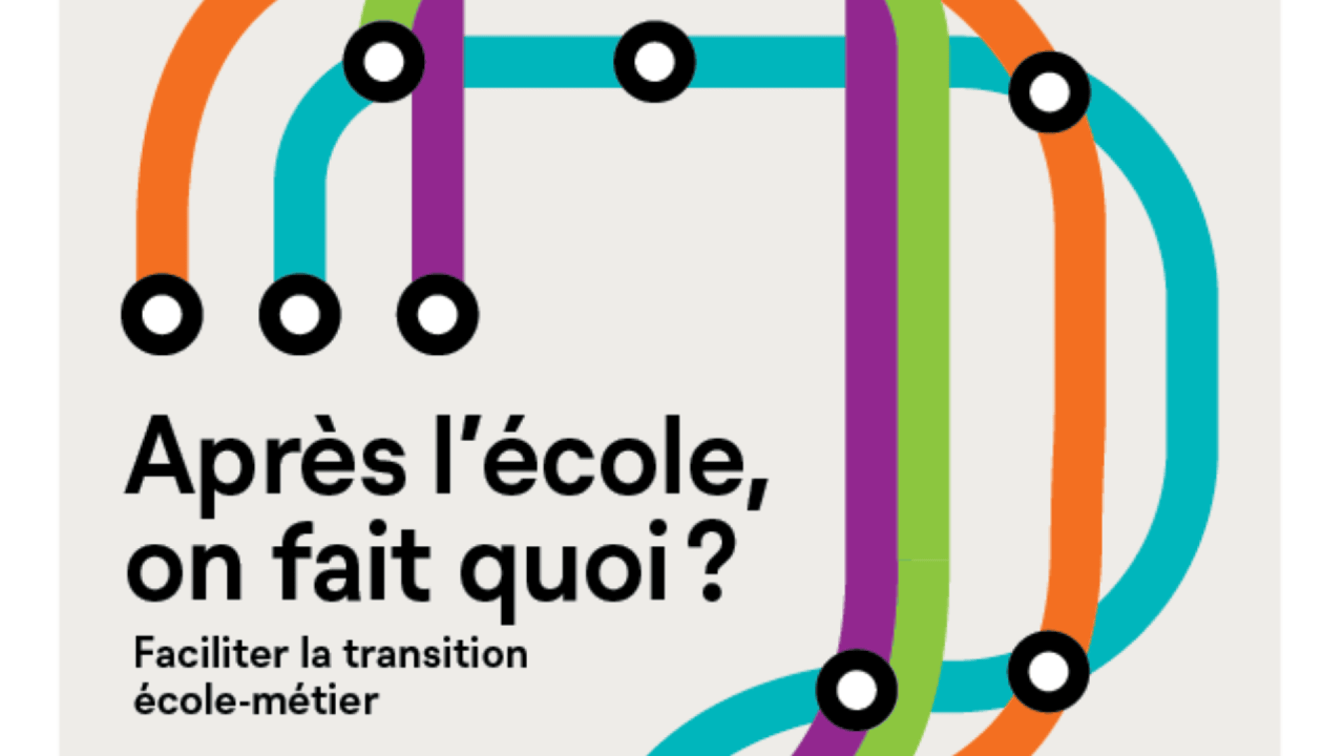 Des lignes de métro colorées qui s'entrecroisent, avec des stations en noir et blanc sur un fond beige. Le texte en français dit : « Après l'école, on fait quoi ? Faciliter la transition école-métier », et pose la question de savoir quoi faire après l'école.