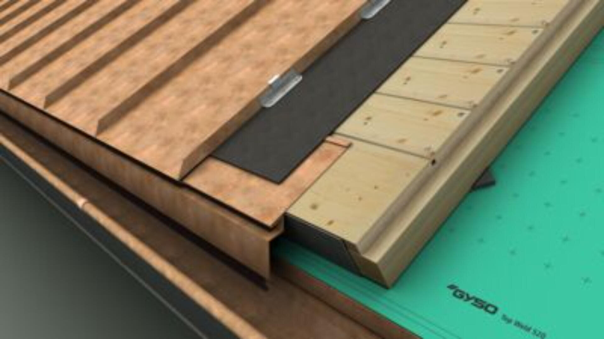 Rendu numérique d'un assemblage de toiture en couches, montrant le bois, l'isolation, la sous-couche noire et le revêtement vert étiqueté DYSO. Chaque matériau est empilé pour illustrer les différentes couches de construction.