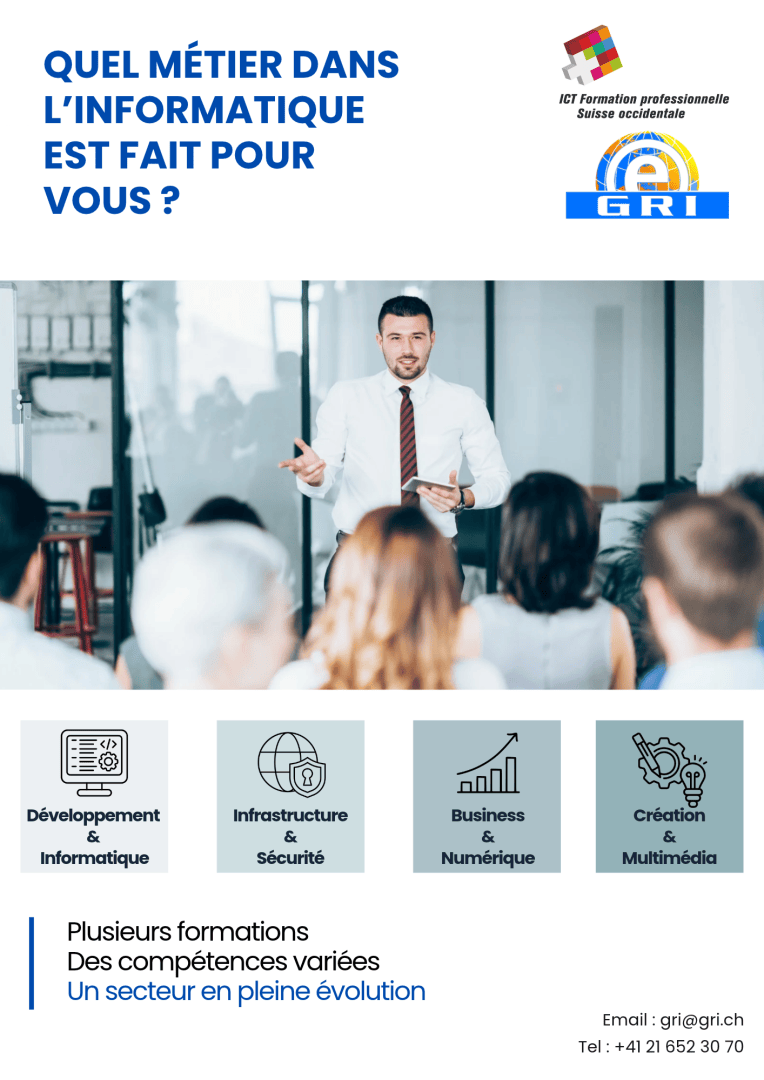 Infographie intitulée Quel métier dans l'informatique vous convient le mieux ?, représentant un intervenant s'adressant à un groupe et présentant quatre catégories : développement logiciel, infrastructure, commerce et multimédia.