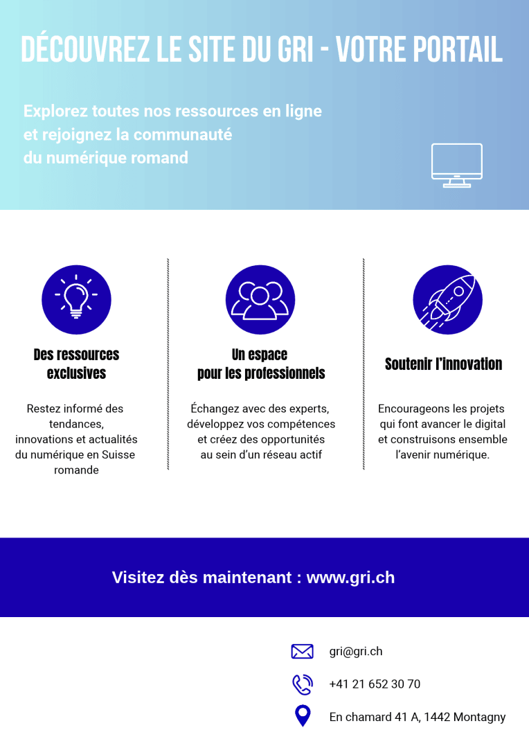 Dépliant promotionnel pour le site web du GRI, présentant les rubriques consacrées aux ressources exclusives, au réseautage professionnel et à l'innovation, avec les coordonnées en bas de page.