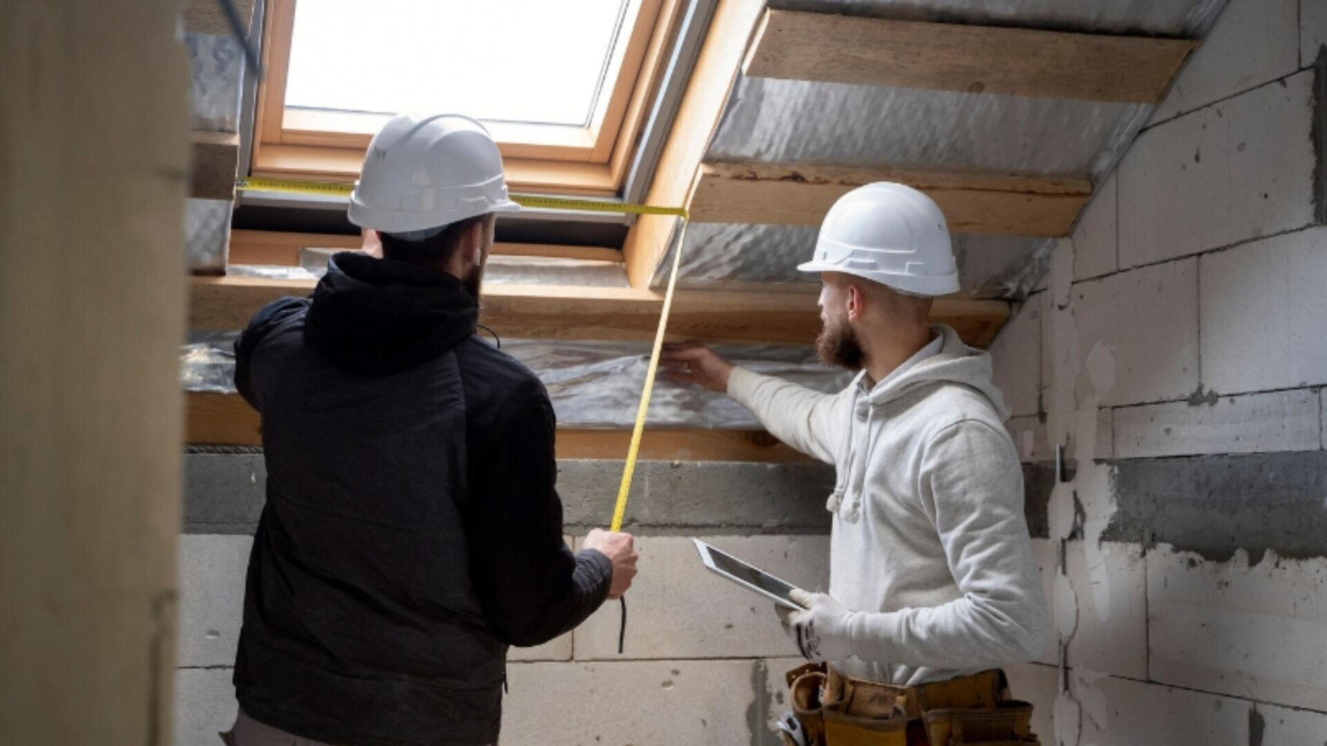 Deux travailleurs de la construction portant des casques de sécurité mesurent et discutent du travail sous un puits de lumière dans une pièce partiellement finie. L'un d'eux tient un mètre tandis que l'autre pointe le mur et tient une tablette.