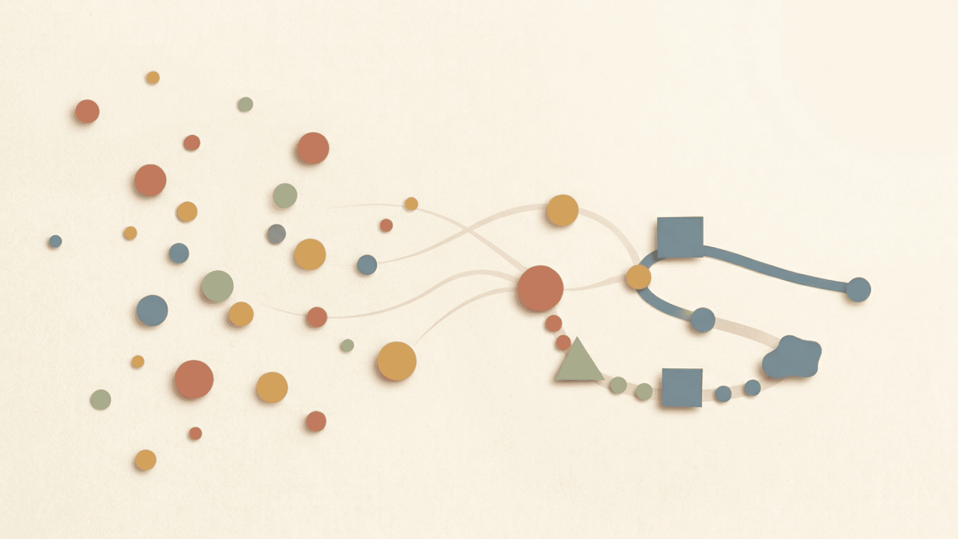 Image abstraite composée de cercles de différentes couleurs, d'un triangle, de carrés et d'une forme ressemblant à un nuage, reliés par des lignes courbes, suggérant un flux de données ou la visualisation d'un réseau sur un fond beige.