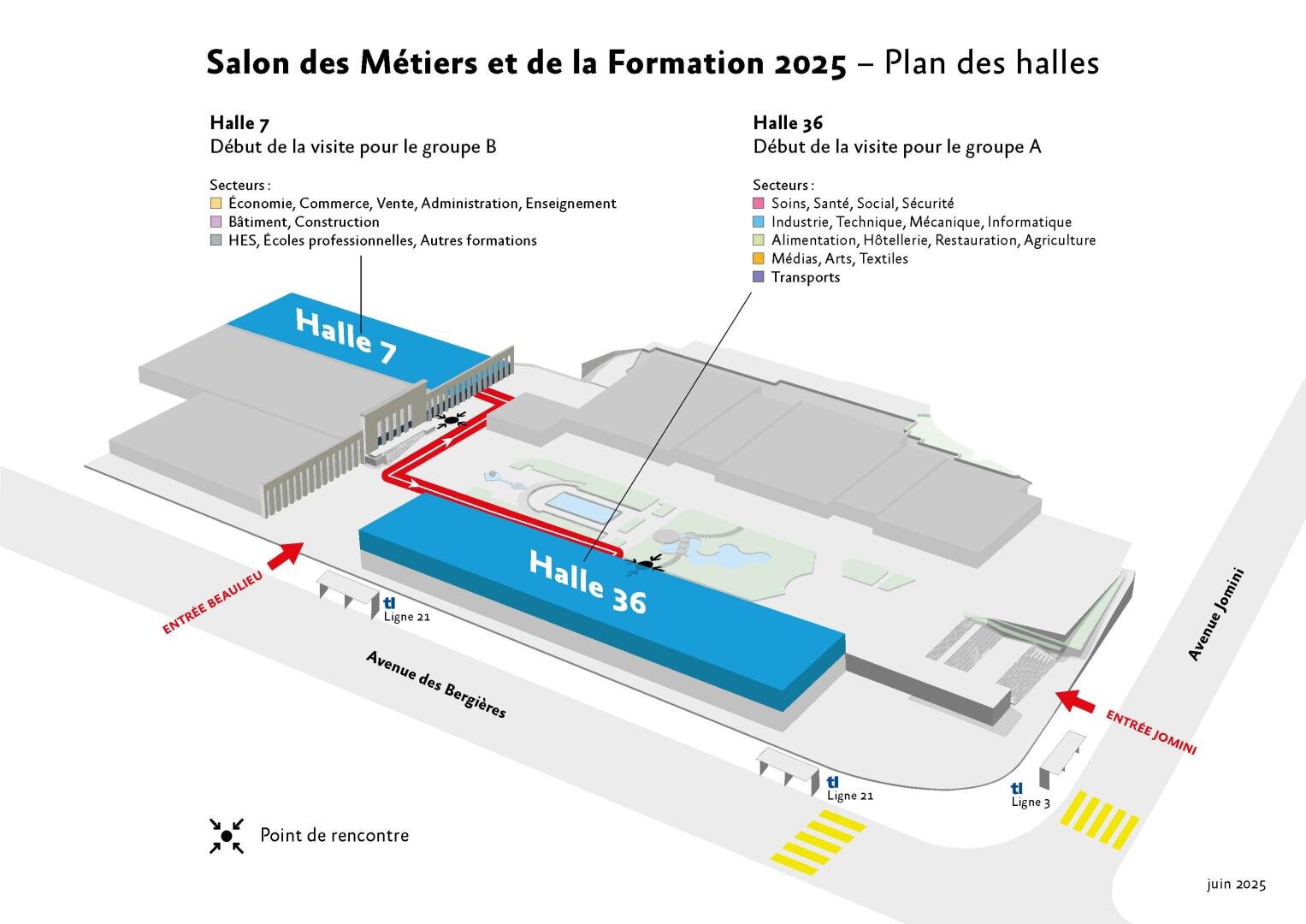 Plan du salon du commerce et de la formation 2025 montrant les deux halls principaux (Halle 7 et Halle 36), les regroupements de secteurs, les parcours des visiteurs, les points d'entrée et les lieux de rencontre, avec des flèches directionnelles et des rues étiquetées.