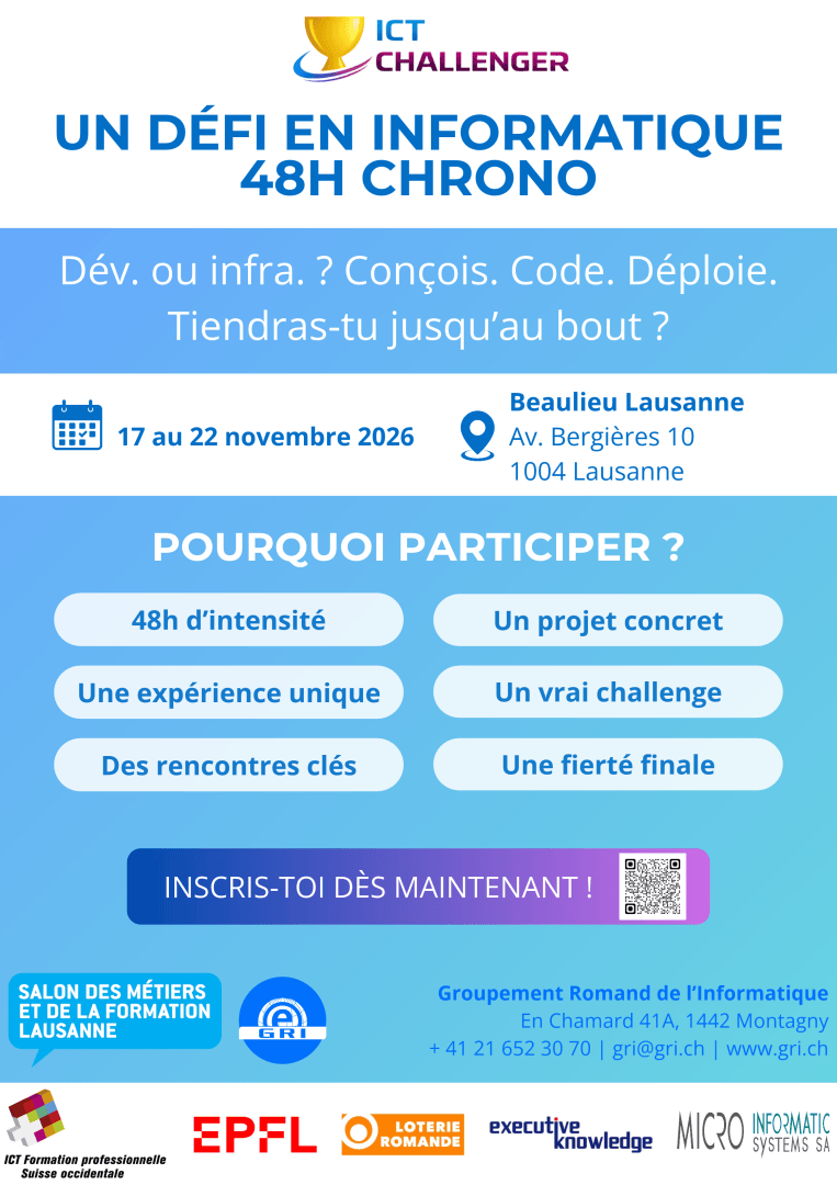 Dépliant présentant le hackathon ICT Challenger de 48 heures, qui se tiendra du 17 au 22 novembre 2026 à Lausanne, comprenant les avantages offerts aux participants, le code QR d'inscription et les logos des sponsors.