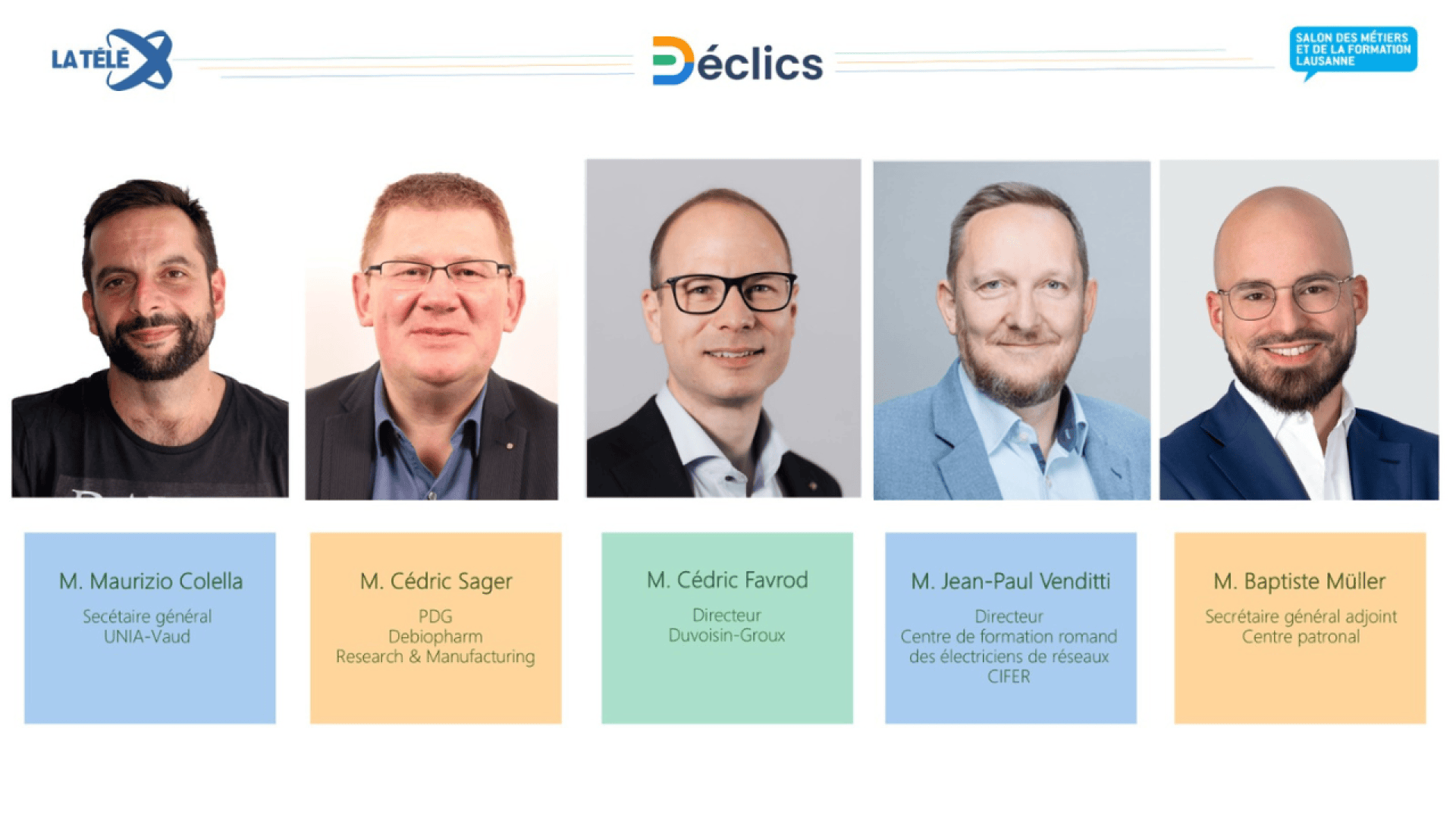 Un groupe de cinq hommes est représenté sur des photos de portrait, chacun avec son nom, son titre et son organisation dans des cases colorées : Maurizio Colella, Cédric Sager, Cédric Favrod, Jean-Paul Venditti et Baptiste Müller.