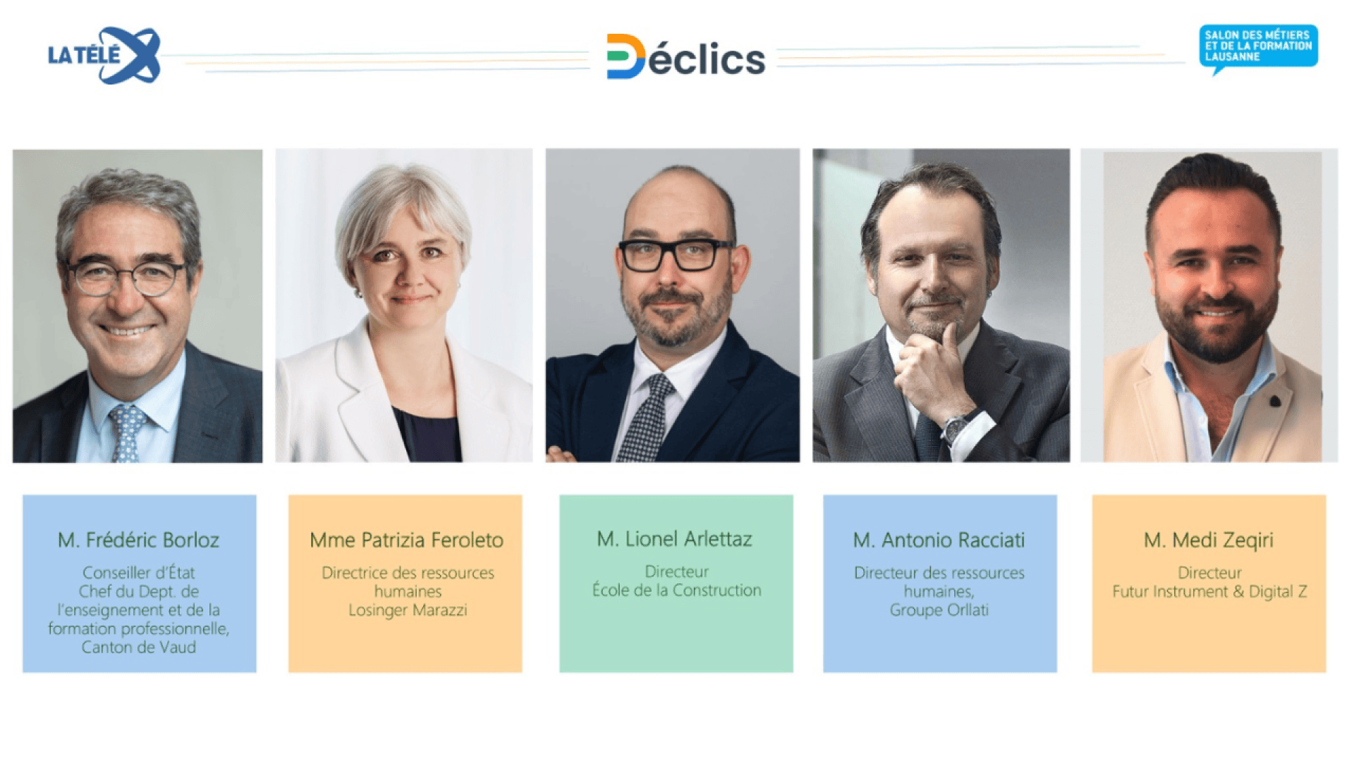 Un panel de cinq professionnels, chacun sur une photo portrait avec les noms et les titres énumérés ci-dessous. Ils travaillent dans les secteurs des ressources humaines, de l'éducation et du numérique. Les logos et la marque de l'événement figurent en haut de l'image.