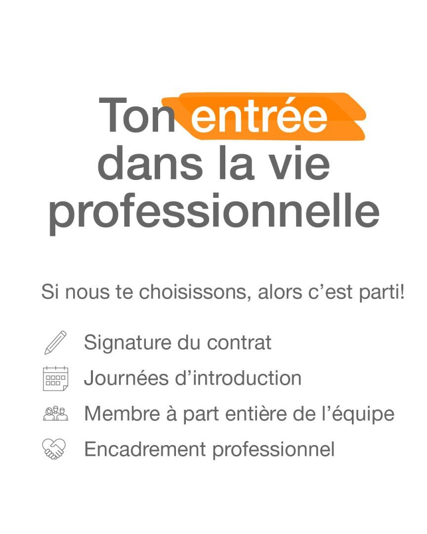 Texte graphique en français : Ton entrée dans la vie professionnelle avec l'entrée surlignée en orange. Ci-dessous : Si nous te choisissons, alors c'est parti ! et quatre puces avec des icônes sur le contrat, l'introduction, l'équipe et l'orientation.