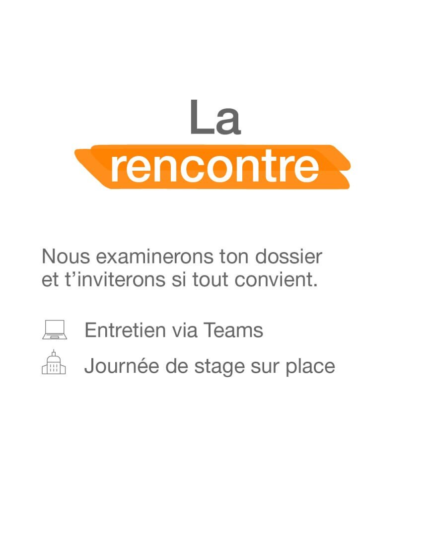 Texte en français expliquant l'étape suivante du recrutement, "La rencontre", avec des options pour un entretien avec des équipes ou une journée de stage sur place, accompagnées d'icônes pertinentes.
