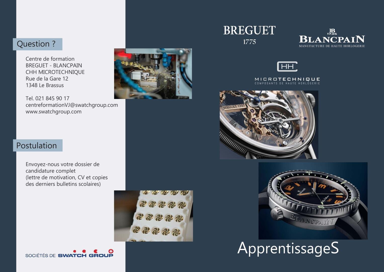 Une brochure consacrée aux apprentissages chez Breguet-Blancpain, présentant les mécanismes des montres, les coordonnées et les modalités d’inscription ; elle comprend des images détaillées des montres et des logos, et met l’accent sur l’horlogerie de précision.