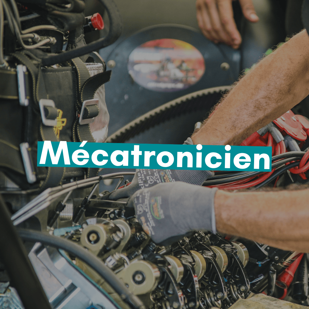 Une personne portant des gants travaille sur un moteur complexe dont les engrenages et les fils sont visibles. Le mot « Mécatronicien » est écrit en gras sur l'image.