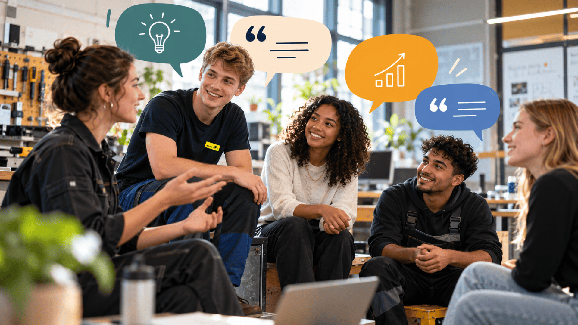 Un groupe de cinq jeunes adultes est assis ensemble à l'intérieur, souriant et discutant. Des bulles de dialogue et de pensée colorées au-dessus d'eux affichent des icônes symbolisant les idées, la conversation et l'épanouissement. La scène évoque le travail d'équipe et la collaboration.