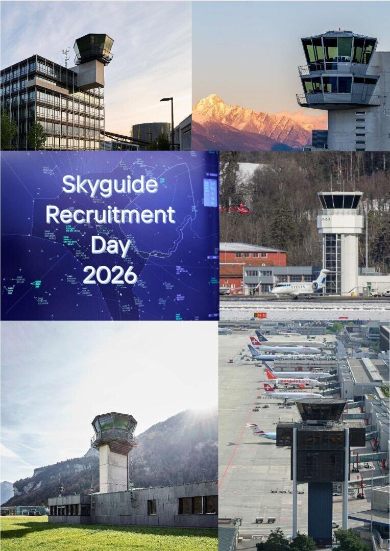 Un collage représentant des tours de contrôle aérien dans différents aéroports, une montagne enneigée, une piste d'aéroport avec des avions, ainsi qu'une inscription « Journée de recrutement Skyguide 2026 » sur fond de carte.