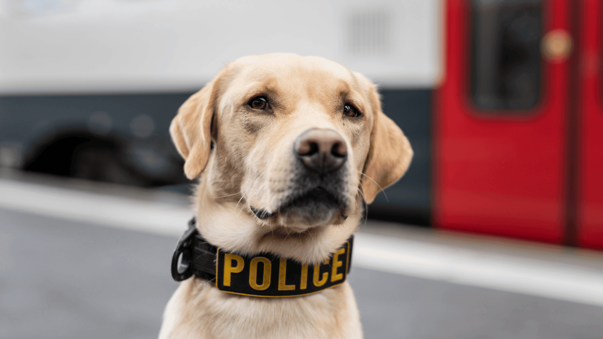 Un labrador jaune portant un collier noir marqué POLICE se tient à l'extérieur, sur un fond flou représentant un train ou un métro.