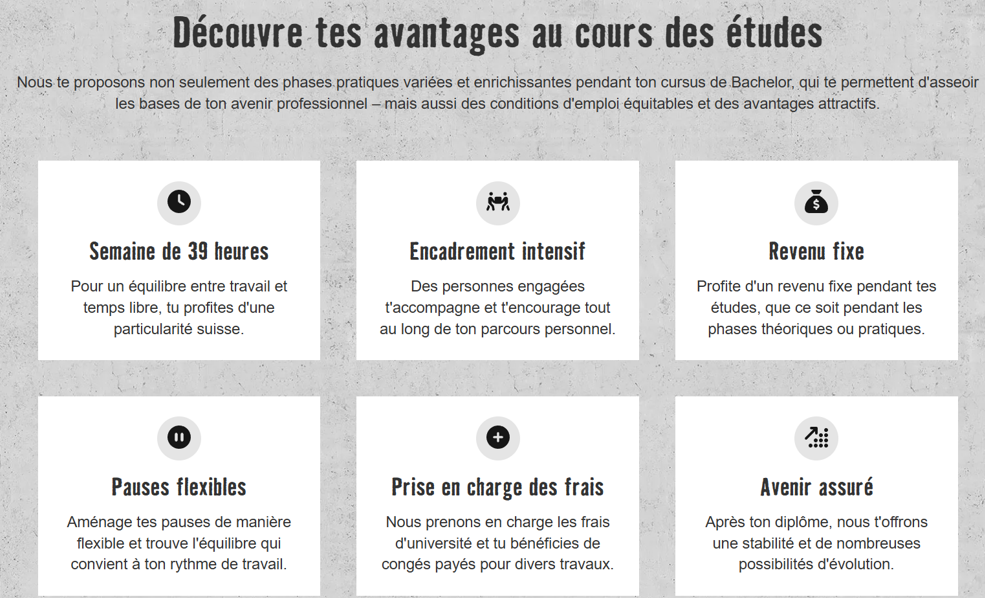 Un graphique d'information en français présente six avantages pour les étudiants : Semaine de 39 heures, soutien intensif, revenu fixe, pauses flexibles, couverture des frais et perspectives de carrière prometteuses, chacun avec une icône et une brève description.