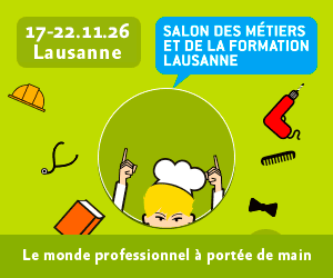 Un chef de bande dessinée pointe vers le haut dans un cercle vert. Autour de lui se trouvent des outils de travail tels qu'un casque, une clé à molette, un peigne et un nœud papillon. Le texte fait la promotion d'un salon de l'emploi qui se tiendra à Lausanne du 17 au 22 novembre. Texte du bas : Le monde professionnel à portée de main.