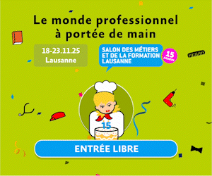 Affiche colorée pour un salon de l'éducation et de l'emploi à Lausanne, représentant un chef tenant un gâteau avec 15 bougies, des confettis, les dates de l'événement (18-23.11.25), et ENTRÉE LIBRE indiquant que l'entrée est gratuite.