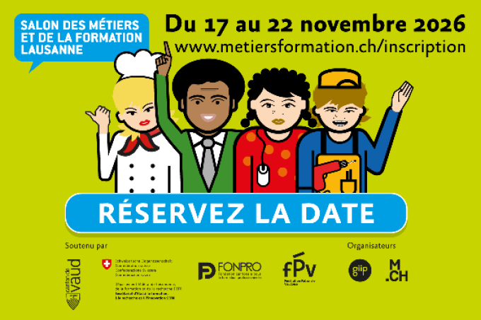 Quatre personnages caricaturaux en uniforme de travail (chef cuisinier, homme d'affaires, agent de santé, ouvrier du bâtiment) se tiennent derrière une banderole bleue portant la mention RÉSERVEZ LA DATE. Les informations relatives à un salon de l'emploi à Lausanne sont affichées ci-dessus.