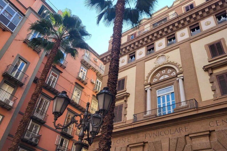 De grands palmiers se dressent devant des bâtiments historiques richement décorés, dotés de balcons et de fenêtres cintrées, sous un ciel bleu, à côté d'un lampadaire classique.