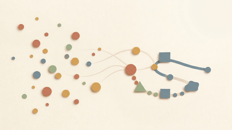 Image abstraite composée de cercles de différentes couleurs, d'un triangle, de carrés et d'une forme ressemblant à un nuage, reliés par des lignes courbes, suggérant un flux de données ou la visualisation d'un réseau sur un fond beige.