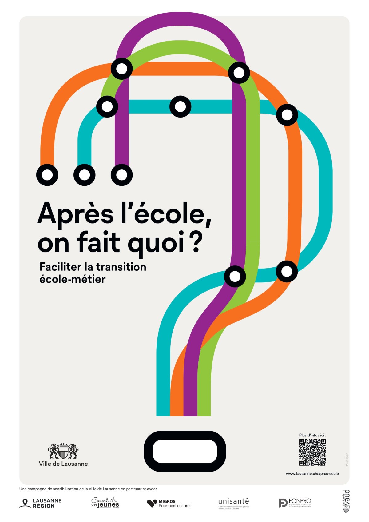 Un graphisme stylisé composé de lignes courbes et colorées partant d’une icône représentant une tablette et s’étendant vers le haut, rappelant un plan de métro. Le texte en français indique : « Après l’école, on fait quoi ? Faciliter la transition école-métier. » Des logos figurent en bas.
