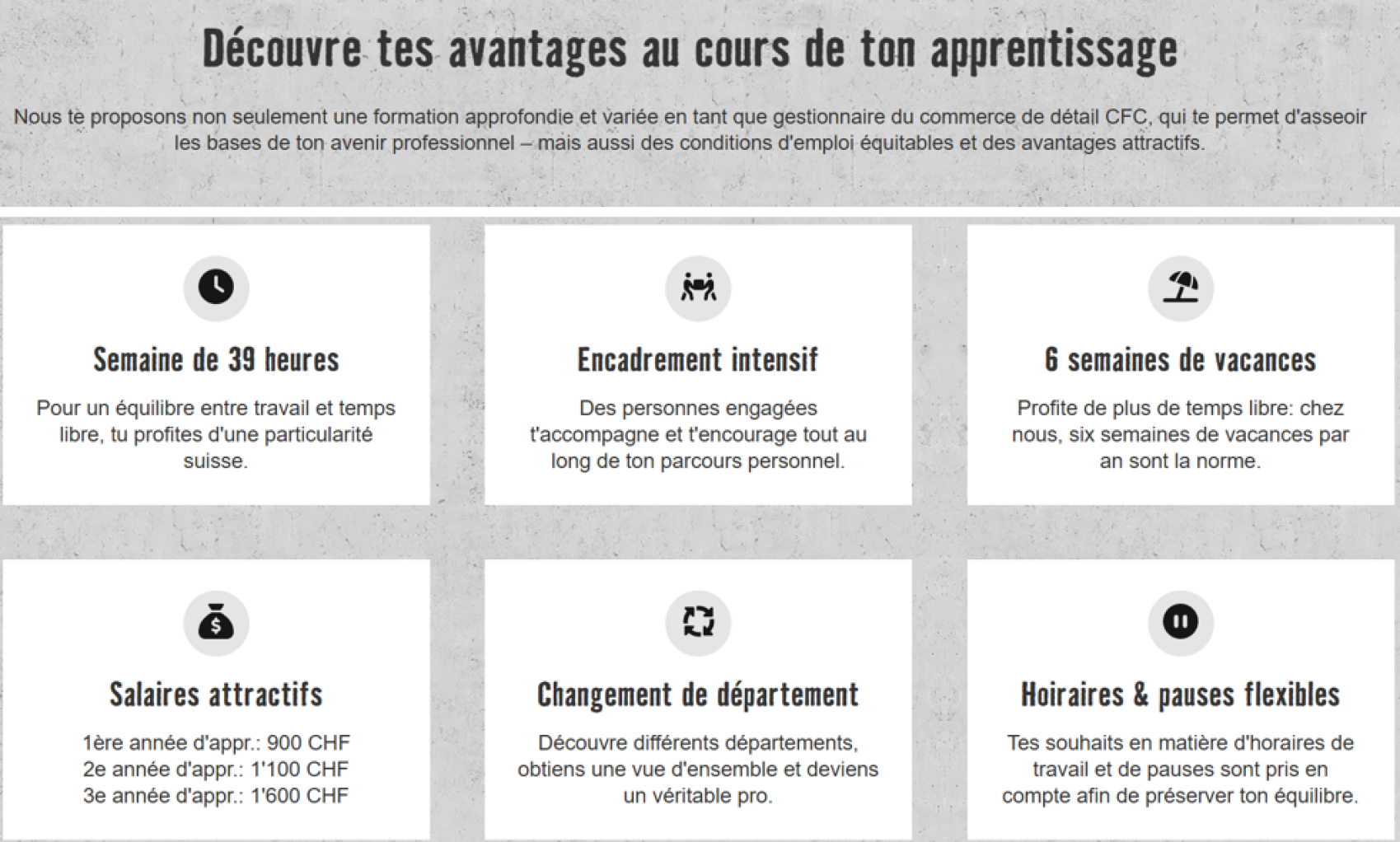 Une infographie présente les avantages d'un apprentissage : semaine de 39 heures, encadrement intensif, 6 semaines de vacances, salaires attractifs, possibilité de changer de département, horaires et pauses flexibles.